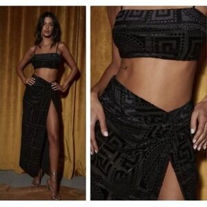 12th Tribe Maxi Skirt Womens Large Black Burnout Velvet Greek Key European